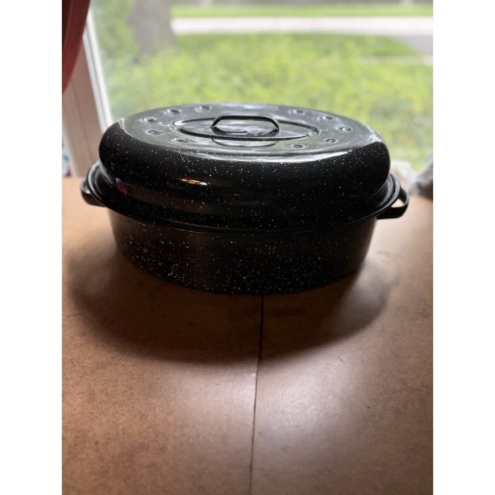 Vintage Blue Speckled Enamel Roasting Pan w Lid Oval Graniteware Roaster